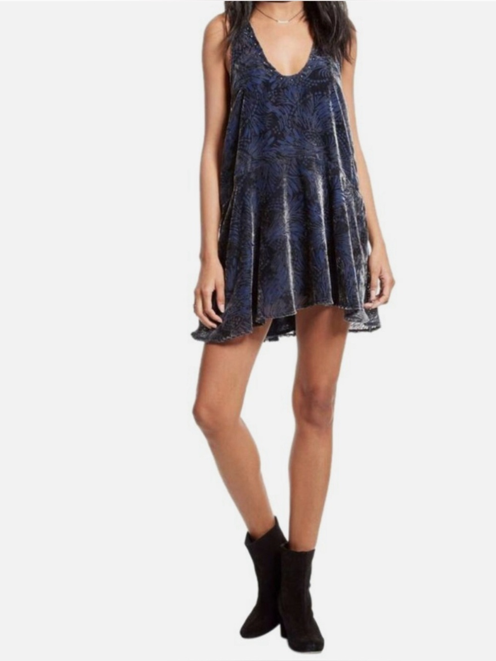 Free People Black Midnight Blue Burnout Velvet Studded Swing Mini Dress XS